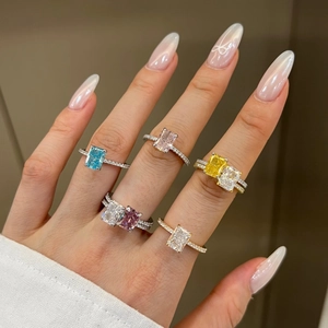 S925 sterling silver rings with rectangular ice flower cut zircons in four colors