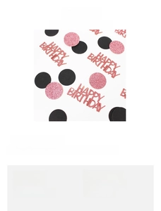 Detail view of pink glitter Happy Birthday confetti and round paper table scatter
