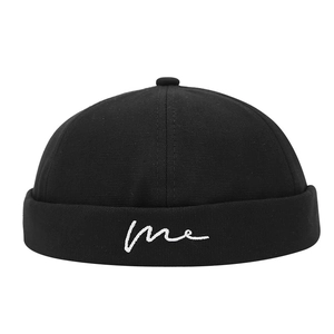 Streetwear black docker hat with white me embroidery, stylish wave pattern brimless cap