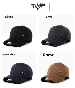 Detail view of herringbone baseball caps with mountain metal logo in four classic colors