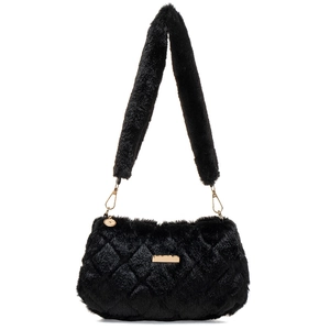 Black plush shoulder bag with quilted diamond pattern and metallic hardware accent