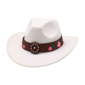 White wool felt western cowboy hat with floral embroidery and decorative metal buckle