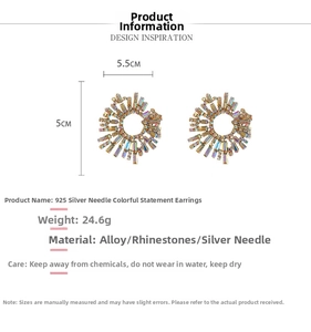 Detailed specs of iridescent rhinestone earrings with 925 silver needles and alloy