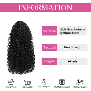 16-inch kinky curly black synthetic ponytail extension with detailed product information chart