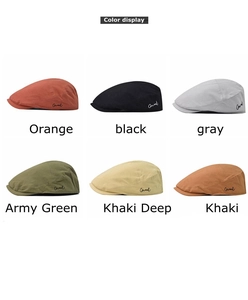 Selection of knitted flat caps in six colors including orange, grey, and khaki