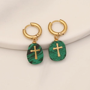Cross earrings with natural green stone pendants and gold stainless steel hoops