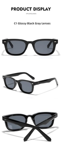 Three-angle view of square retro sunglasses in glossy black frame with rivets