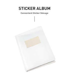 Detailed view of white faux leather nail sticker album with embossed logo plate