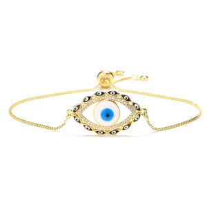 Bohemian gold plated evil eye bracelet with sparkling cubic zirconia and slider clasp
