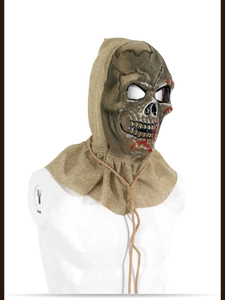 Detail of scary Halloween scarecrow mask featuring stitched burlap texture and hemp rope neck