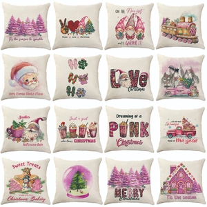 Pink Christmas Pillow Cover Linen Style Polyester Santa Gingerbread Man Watercolor Home Decorative Cushion Case