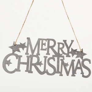 Silver glitter Merry Christmas hanging sign with stars and jute rope for holiday decor