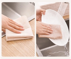 Dual-view of a beige dishcloth wiping a wooden surface and cleaning a white ceramic plate