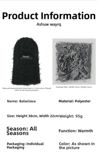 Detailed size chart of the black knitted balaclava mask showing 38x22cm dimensions