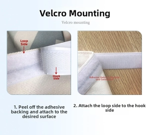 Detail showing self-adhesive hook and loop fastener installation for cabinet curtains