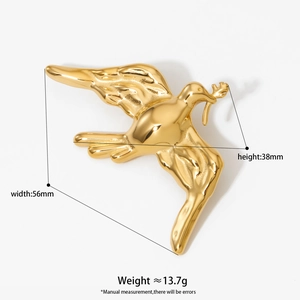 Elegant gold stainless steel peace dove brooch pin with detailed feather texture