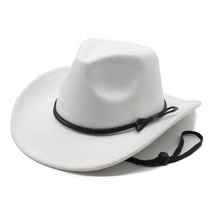 Classic white wool felt cowboy hat with black decorative band and adjustable wind rope