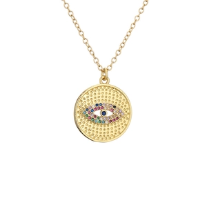 Gold geometric disc necklace with multi-color crystal evil eye pendant for men and women