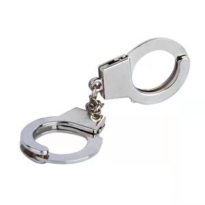 Polished silver metal mini handcuffs keychain with realistic double lock link chain