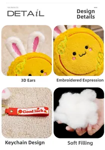 Detail view of plush rabbit charm featuring fine electric embroidery and soft fiber filling