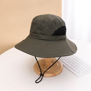 Olive green outdoor sun hat with wide brim, breathable mesh panels and chin strap