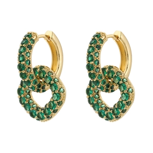 Detail of 18K gold plated earrings with sparkling green square cut cubic zirconia