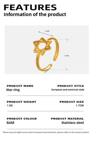Detail view of gold stainless steel star ring with dimensions and product specifications