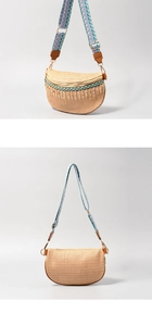 Detailed front and back view of a straw crescent crossbody bag with colorful fringe tassels