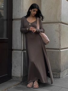 Women's 2-piece coffee brown knit long sleeve cardigan and slip maxi dress set
