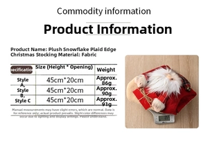 Size chart for plush Christmas stockings with snowflake plaid patterns and reindeer motifs