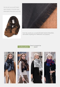 Detail of high-quality cashmere-feel scarves with long tassels and elegant patterns