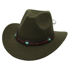 Detail of olive green western cowboy hat with turquoise studded leather band decoration