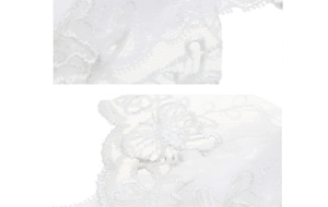 Detail of white lace headband featuring intricate flower and butterfly embroidery for babies