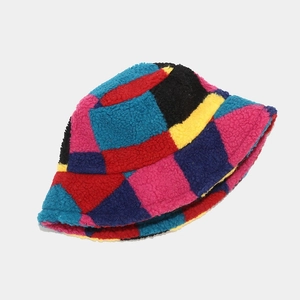 Colorful plaid lamb wool bucket hat for women with winter warm faux fur patchwork design