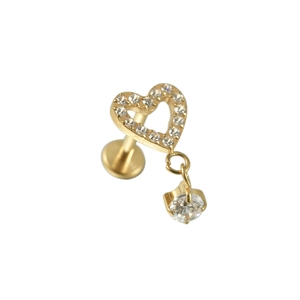 G23 titanium golden heart labret stud with zircon stones and a dangling charm