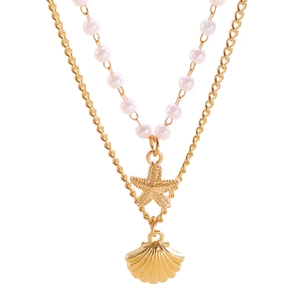 Collana a due strati dorata con stella marina, conchiglia e perle rosa da spiaggia