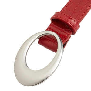 Vintage Y2K red leather belt with crocodile pattern and oval silver metal buckle