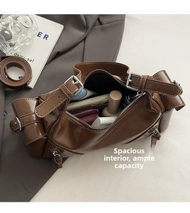 Top view of spacious brown PU shoulder bag showing interior storage for daily essentials