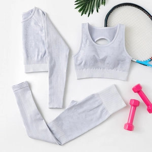 Dreiteiliges Rippstrick-Yoga-Set mit Langarmshirt, Sport-BH und High-Waist-Leggings für Damen