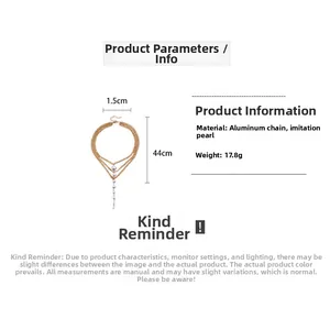 Detailed size specifications for a layered pearl tassel necklace with gold-toned aluminum chains
