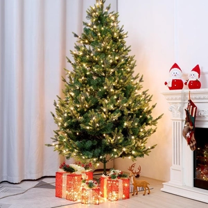 Illuminated Christmas tree with dense needles and glowing red gift boxes for holiday decor