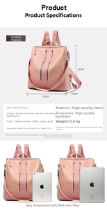 Detailed size specifications and interior storage layout of pink PU leather backpack