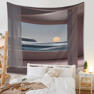 Detail view of a bohemian arch tapestry showing a desert and moon view in a cozy bedroom