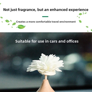 Detail of flower-shaped air freshener diffuser with wooden base for car and office use