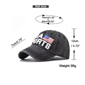 Detailed size chart for black washed cotton USA baseball cap showing brim and height dimensions