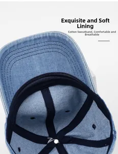 Detailed close-up of the soft inner lining and sweatband of the blue denim baseball cap