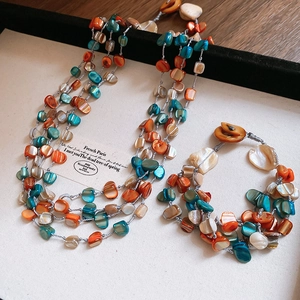 Multilayer colorful shell bead necklace with geometric irregular bohemian style design