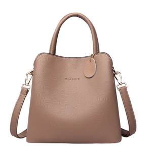 Classic khaki litchi grain leather tote bag with top handle and detachable shoulder strap