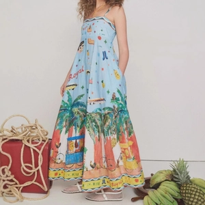 Abito Lungo Da Donna Con Stampa Floreale Tropica Spalline Sottili Senza Maniche Estate Spiaggia Vacanza Grande Volant Linea A