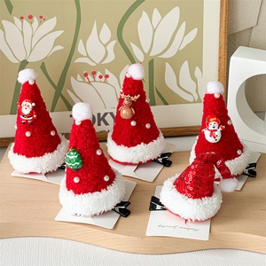 Christmas Hat Hair Clip Plush Fabric Faux Artificial Pearl Resin Ornament Duckbill Pin Festive Party Headwear For Women Girls